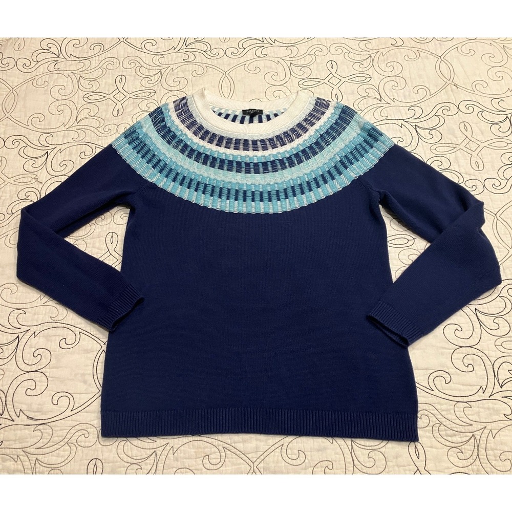 Talbots Petite Navy Blue Fair‎ Isle Yoke Crewneck Sweater SP Cotton Blend Preppy